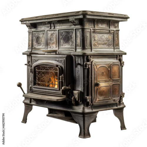 Vintage wood burning stove isolated on transparent background.