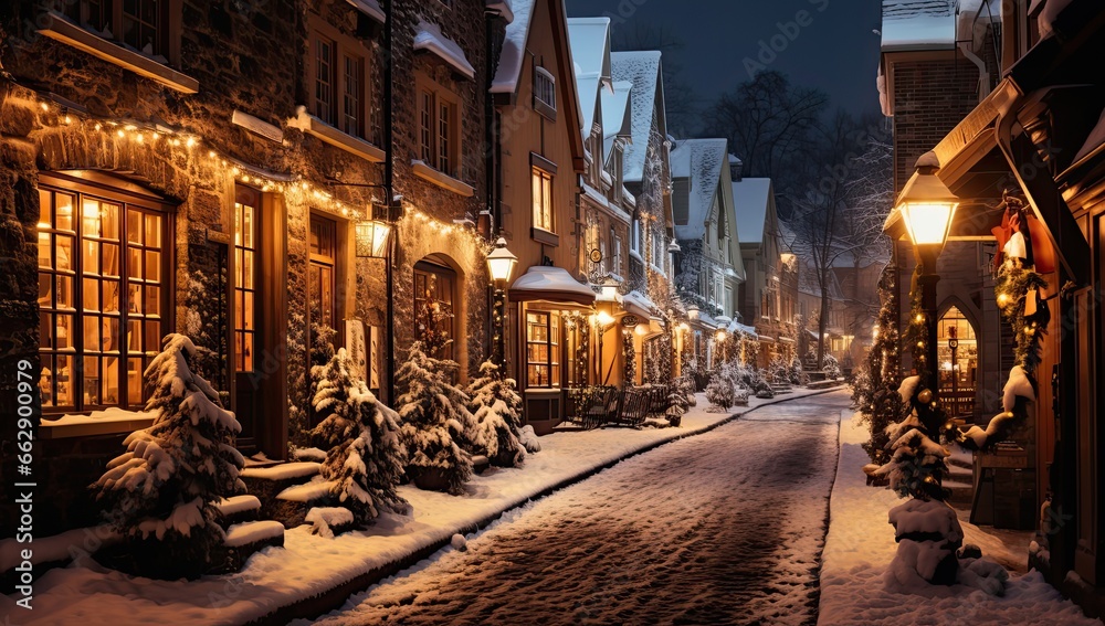street in winter with christmas decorations on snowy buildings. 