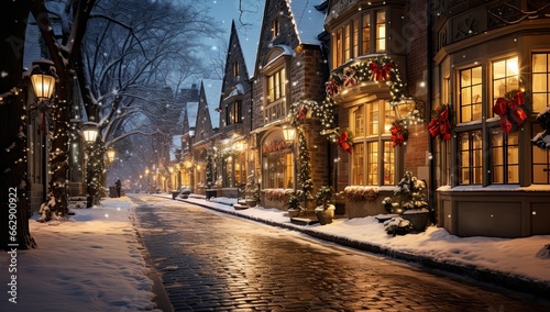 main street in a city with christmas decorations photo
