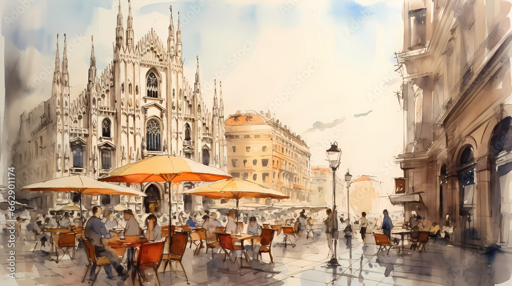 Illustration of beautiful view of Milano, Italy - obrazy, fototapety, plakaty 