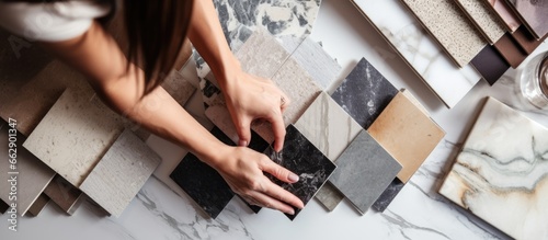 Interior designer and customer selecting marble stone color for kitchen or facades with the client seeking advice from the decorator With copyspace for text © The 2R Artificiality