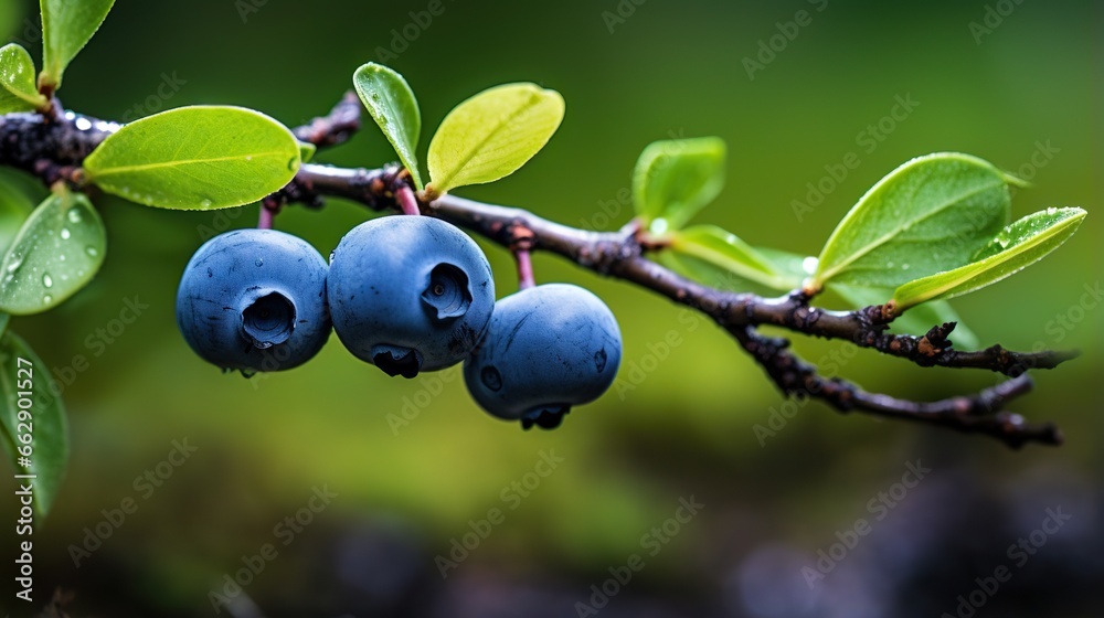 three blue berries hanging from a tree branch with green leaves. generative ai three blue berries hanging from a tree branch with green leaves. generative ai