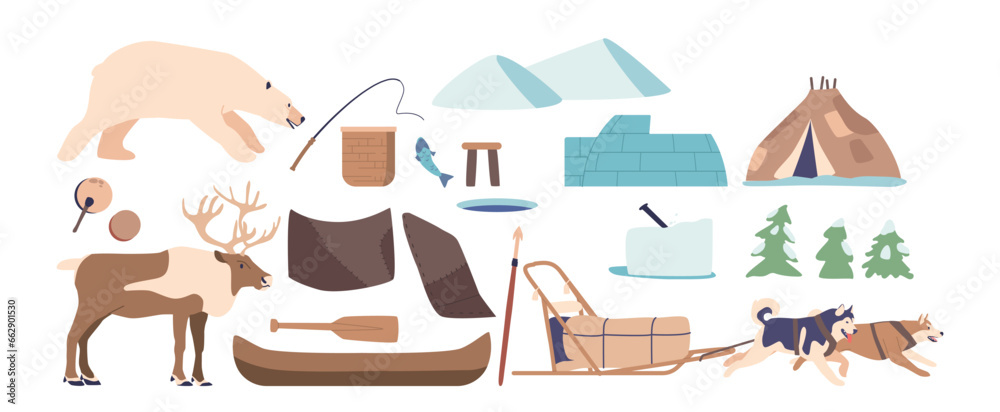Eskimo Items and Objects Cartoon Vector Set. Polar Bear, Reindeer, Tambourine and Rod. Igloo and Yurt Dwellings