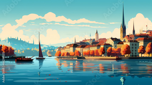 Illustration of beautiful view of the city of Zurich, Switzerland photo