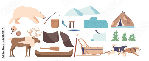 Eskimo Items and Objects Cartoon Vector Set. Polar Bear, Reindeer, Tambourine and Rod. Igloo and Yurt Dwellings