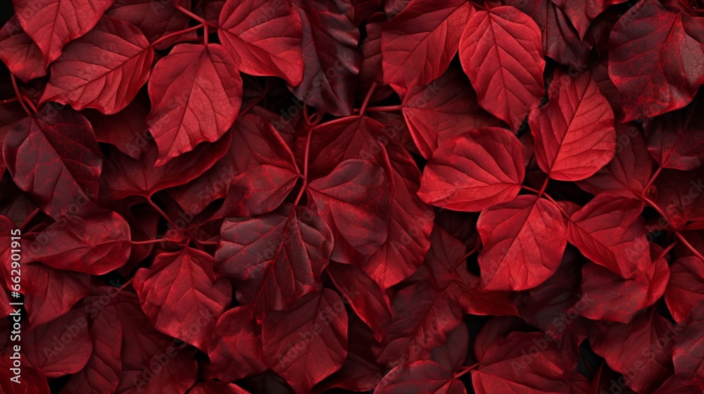 Abstract pattern created by a dense growth of wild grape leaves, their collective red tones forming a captivating autumn mosaic.