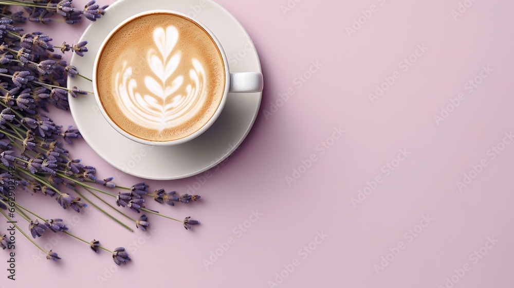  a cup of coffee with a pattern on the foam next to a bunch of lavender flowers.  generative ai - obrazy, fototapety, plakaty 