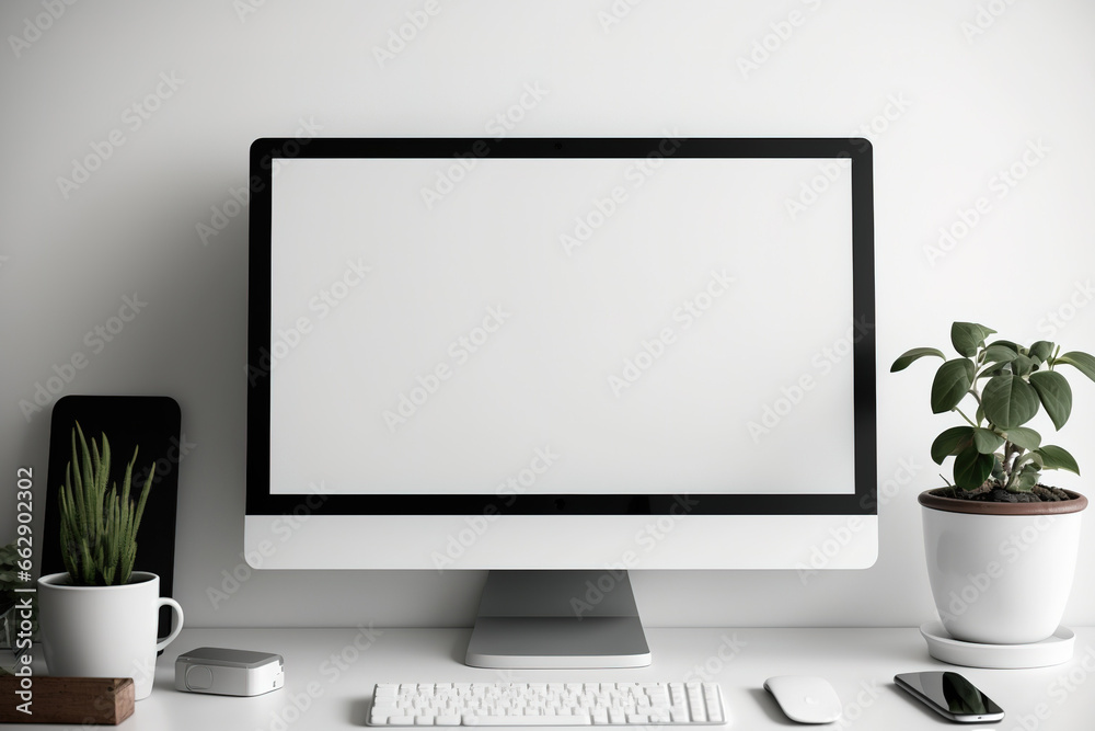 Computer monitor with white blank screen on white working desk with wireless mouse and keyboard above hazy antique workplace. Generative AI Computer monitor with white blank screen on white working desk with wireless mouse and keyboard above hazy antique workplace. Generative AI