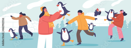 Joyful Children Boys and Girls Characters Play Alongside Penguins In The Snowy Wonderland Near A Cozy Igloo