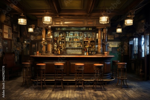 Spacious Bar interior vintage loft. Interior ireland. Generate Ai photo