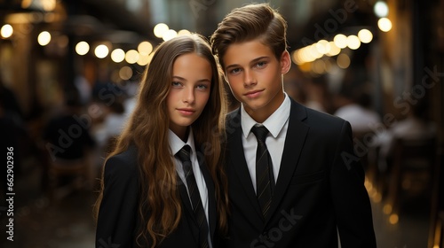 Handsome boy and cute girl in a suit