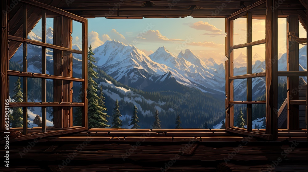  an open window with a view of a snowy mountain range.  generative ai - obrazy, fototapety, plakaty 