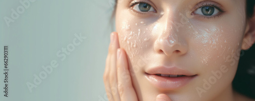 Cosmetics Skin Care Concept Photo of Close-up Woman Perfect Face with Hydrated Skin