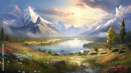  a painting of a mountain lake surrounded by wildflowers. generative ai