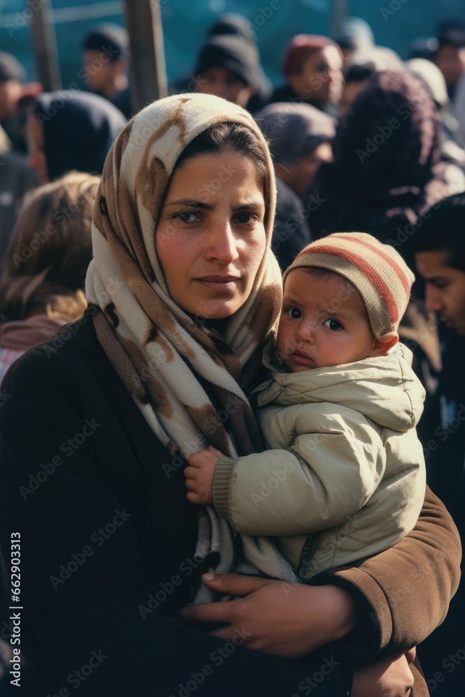 A mother with a child in her arms near the border of the country. Refugees.