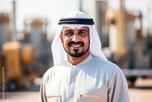 Arab man, in an oil and gas production plant, looks and smiles at the camera photo