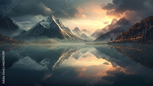  a painting of a mountain range with a lake in the foreground. generative ai