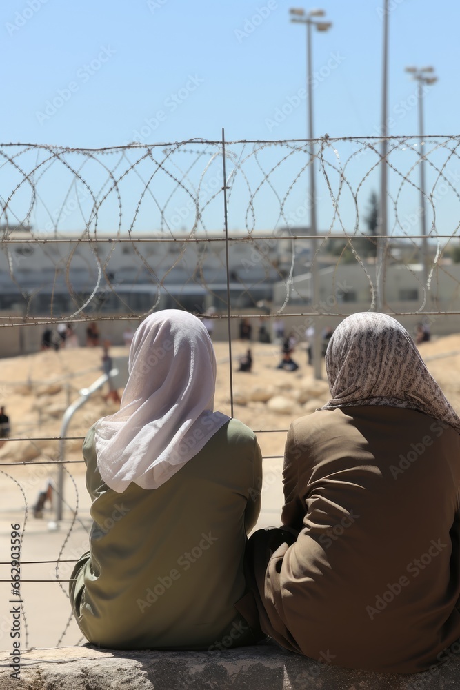 Refugees on the border of an Arab state look over the fence. Refugees on the border of an Arab state look over the fence.