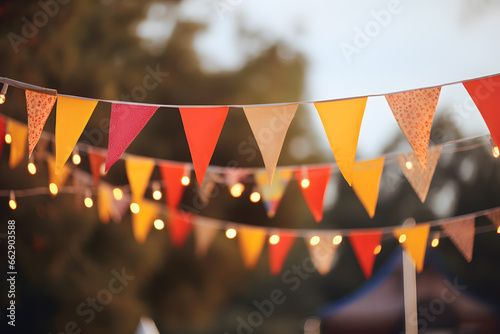 Colorful party festival party bunting with string lights background photo