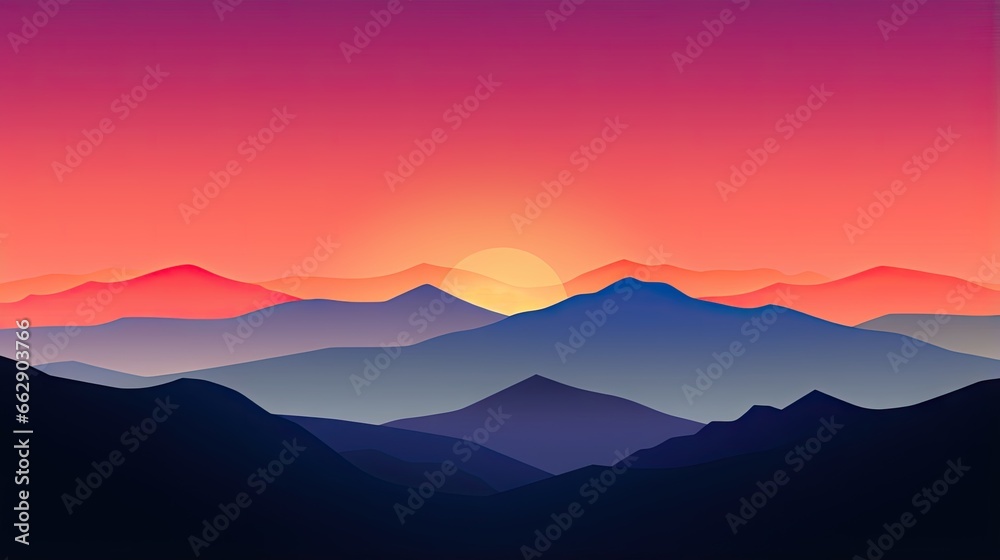  a sunset over a mountain range with the sun setting in the distance.  generative ai