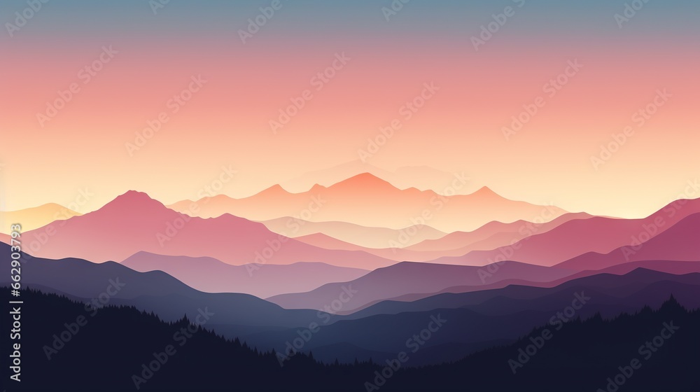  a mountain range with a sunset in the background and a pink sky.  generative ai