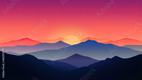  a sunset over a mountain range with the sun setting in the distance. generative ai