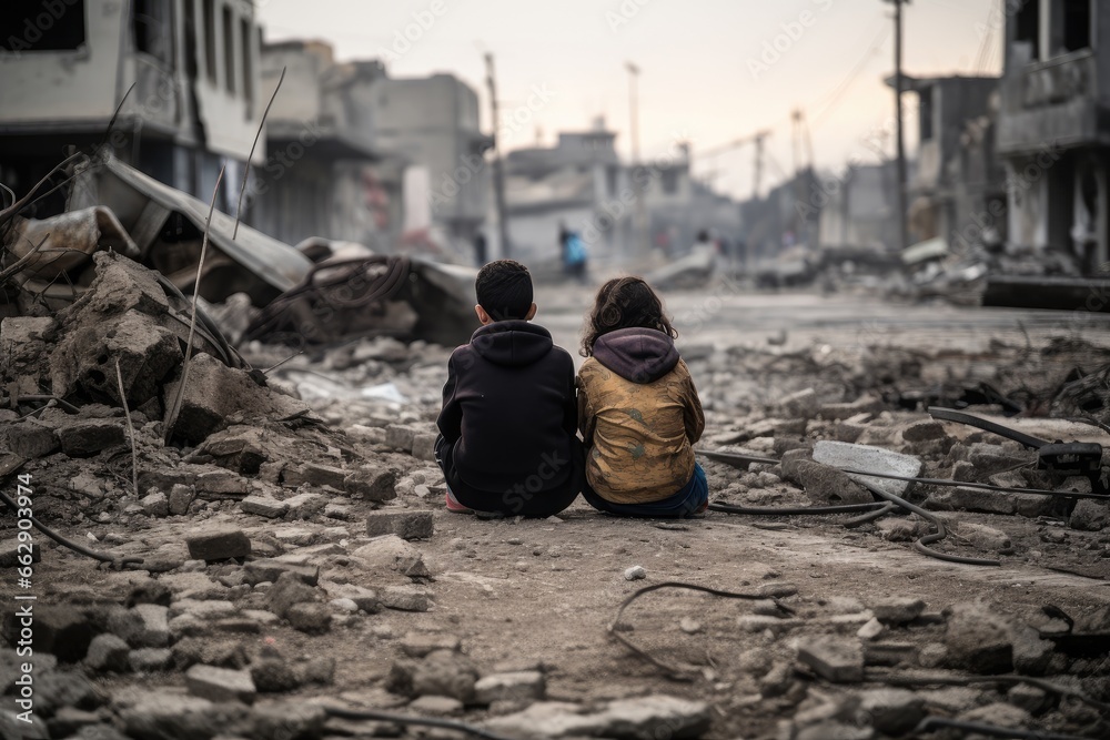 Brother and sister against the backdrop of a war-torn city. Brother and sister against the backdrop of a war-torn city.