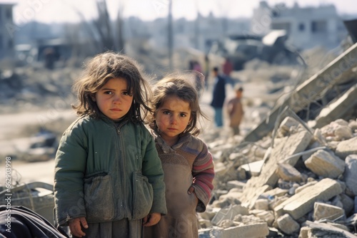 Brother and sister against the backdrop of a war-torn city.