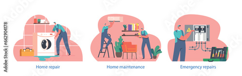 Isolated Elements With Worker Characters Repair Home. People Fixing Or Renovating House To Improve Its Functionality