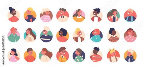 Kids Avatars Set. A Vibrant Collection Of Charming Little Characters. Diverse Cute Boys and Girls Round Icons