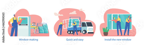 Isolated Elements With Worker Characters Making and Installing Double Glazing Windows at Homes, Vector Illustration
