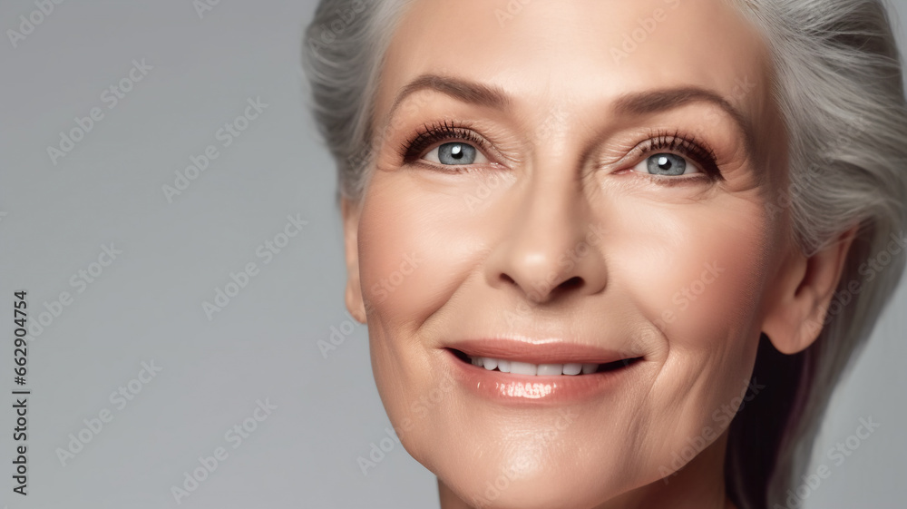 Naklejka premium Close up of a beautiful mature woman's face with skin texture wrinkles. Cosmetic procedures for aging skin skin body care healthy lifestyle concept