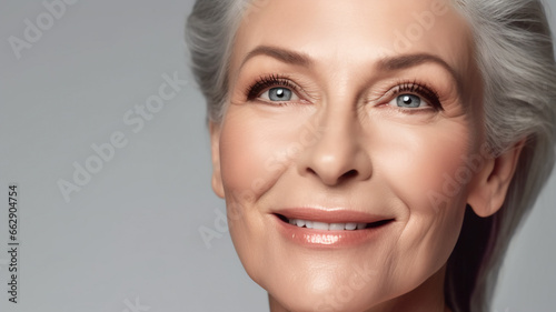 Close up of a beautiful mature woman's face with skin texture wrinkles. Cosmetic procedures for aging skin skin body care healthy lifestyle concept photo