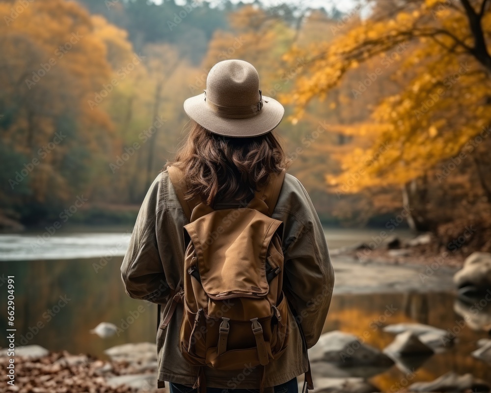 roam alone young adult female traveller standing relax carefree casual explore nature scenery autume forest and rever lake stunning peaceful background