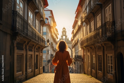 casual relax female traveller walk sight seeing daytour in europe famous beautiful old town with historic architecture famous landmark travel concept © VERTEX SPACE