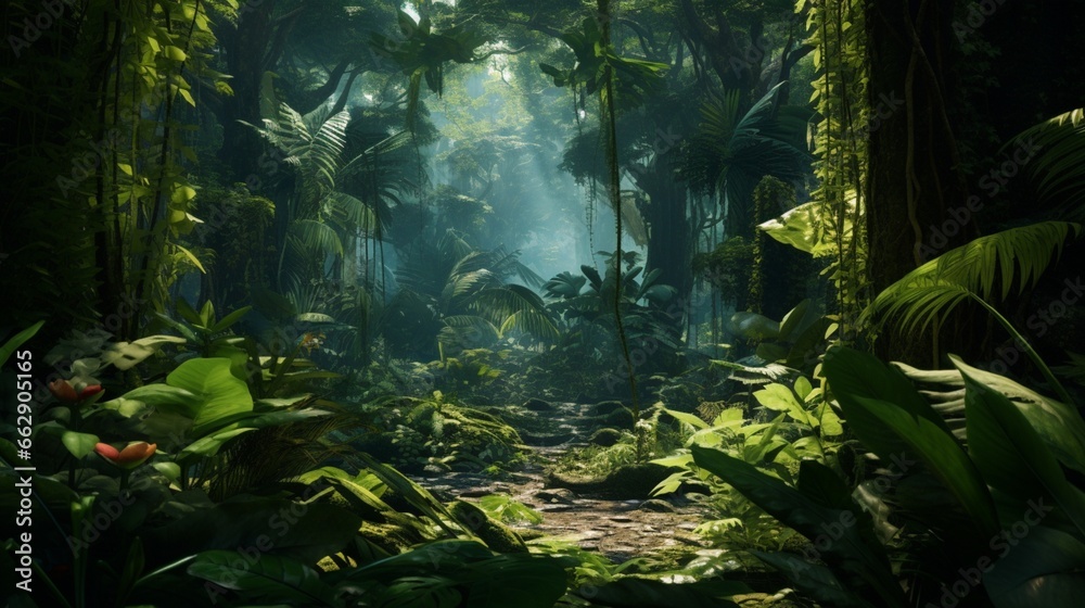 A lush tropical forest with a rich diversity of plant life, showcasing an array of different leaf shapes and sizes.