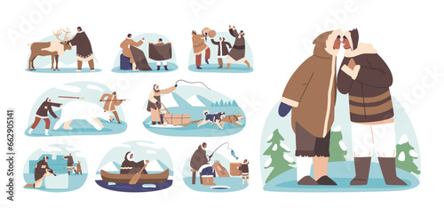Set of Eskimo Characters Lifestyle. Inuit People Sewing Fur Clothes, Contact with Deer, Riding Boat and Dog Sled