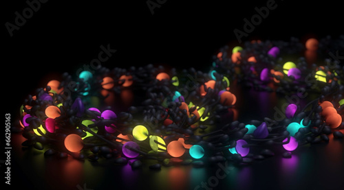 Festive, decorated corner with lighting garlands, created with the help of Generative AI technology.