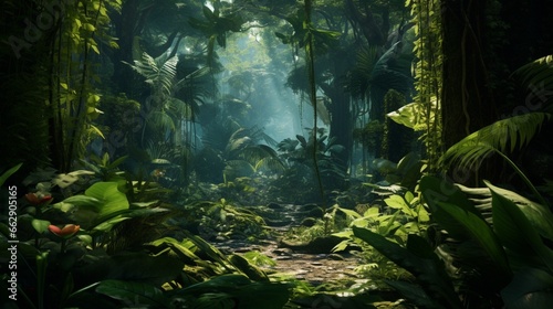 A lush tropical forest with a rich diversity of plant life  showcasing an array of different leaf shapes and sizes.