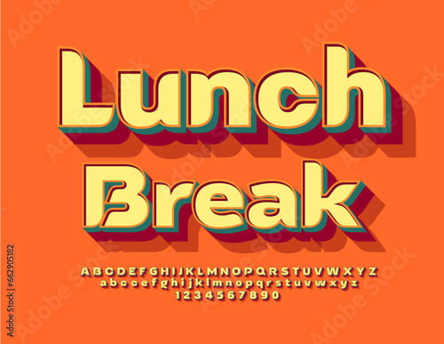 Vector advertising sign Lunch Break. 3D trendy Font. Creative style Alphabet Letters and Numbers set