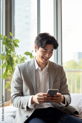 asian adult male man in casual cloth suit shirt sit using smartphone carefree working at home in living room daylight