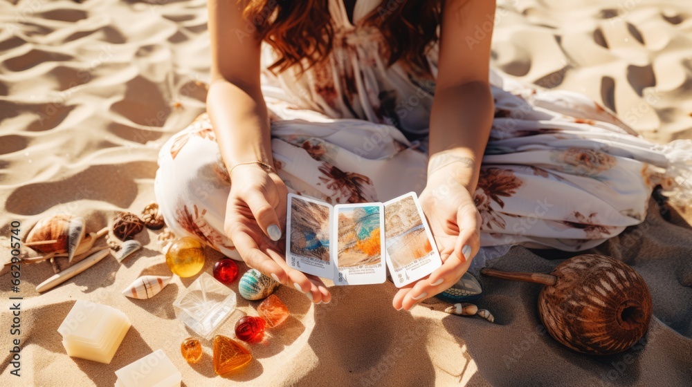 a close up of female hands drawing the tarot cards from the deck. A fortune teller woman sitting on the sandy beach at the sea on a sunny day doing divination