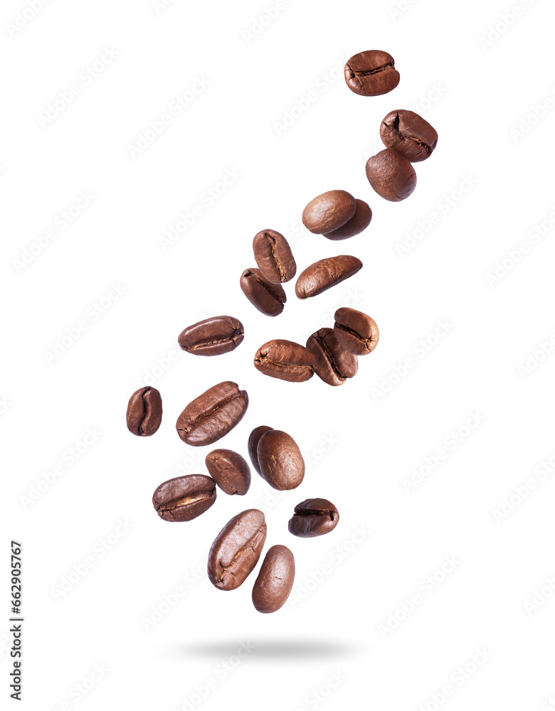 Coffee beans scattered in the air isolated on a white background. Falling coffee beans on white space