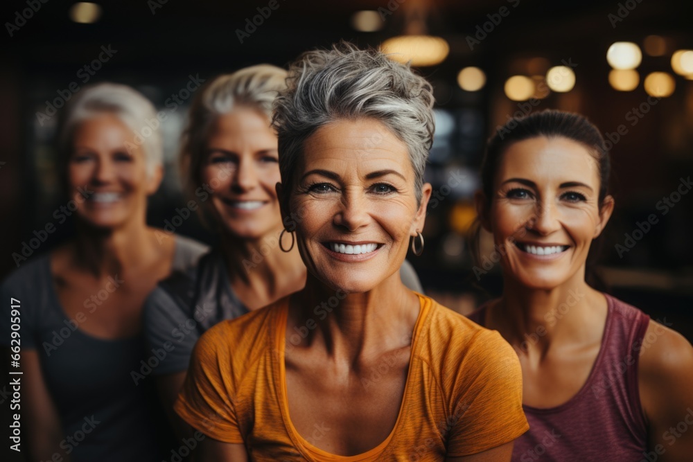 Joyful middle-aged women with a toned physique in a fitness studio.