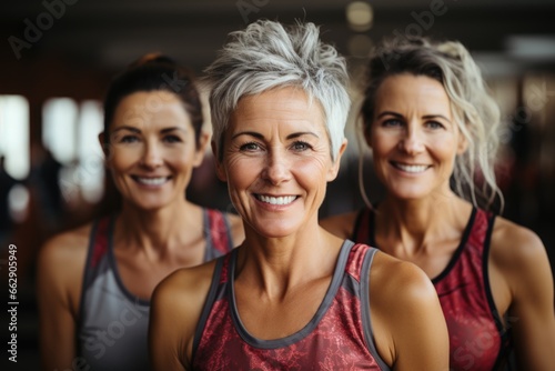 Middle-aged women with a fit physique, radiating happiness in a fitness studio.