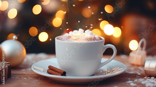 Cup of coffee with marshmallow and christmas lights on background