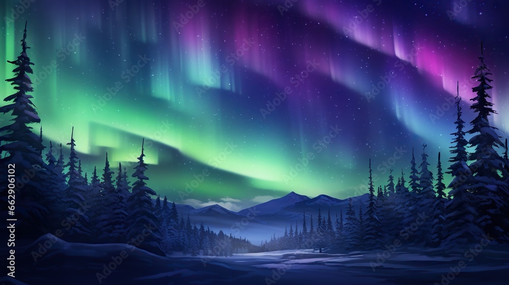  a painting of a snowy landscape with trees and the aurora bore.  generative ai