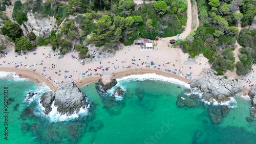 Cala sa Boadella beach in the resort town of Lloret de Mar, Spain. View from a drone, photo from above. photo