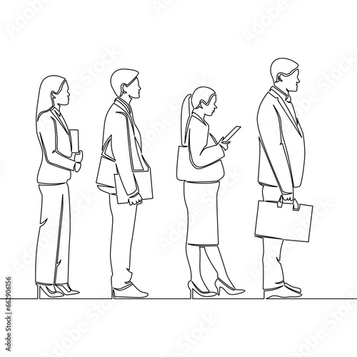 Continuous line drawing Business people standing in row Men and Women in a queue icon vector illustration concept