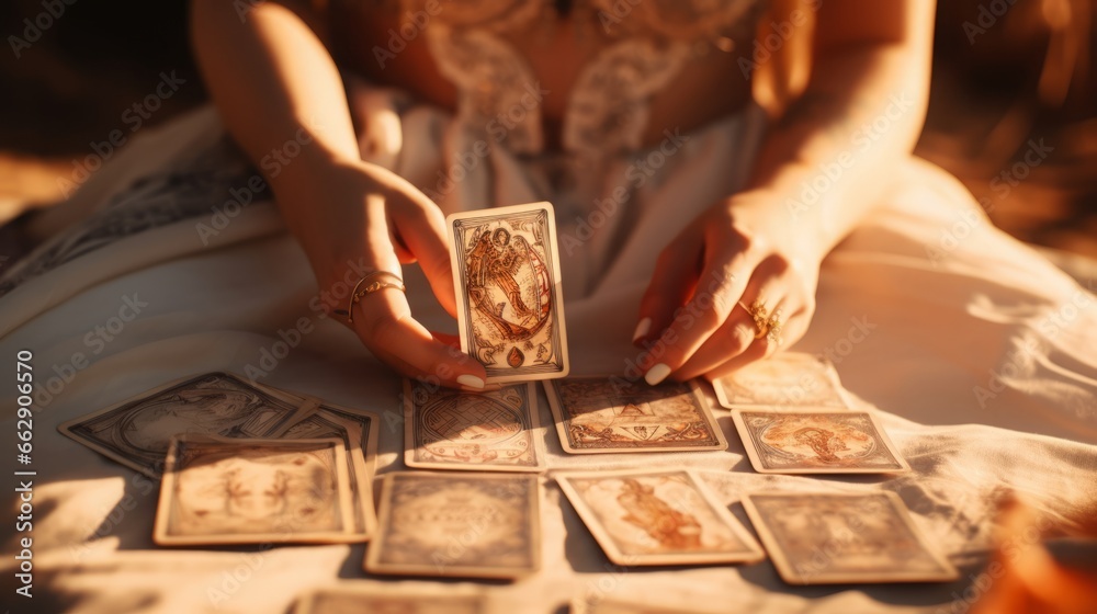 a close up of female hands drawing the tarot cards from the deck. A fortune teller woman with tattoos doing divination indoors in a sunlit room - obrazy, fototapety, plakaty 